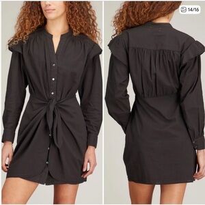 Xirena Siri Dress Black Tie Front Shirt Dress Ruffle Long Sleeve Mini XS